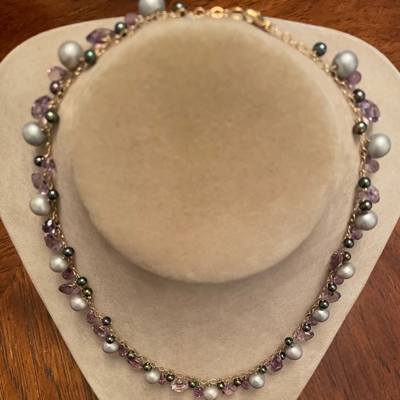 18K Yellow Gold Amethyst and Pearl Paradise Necklace. Almost New 16” long